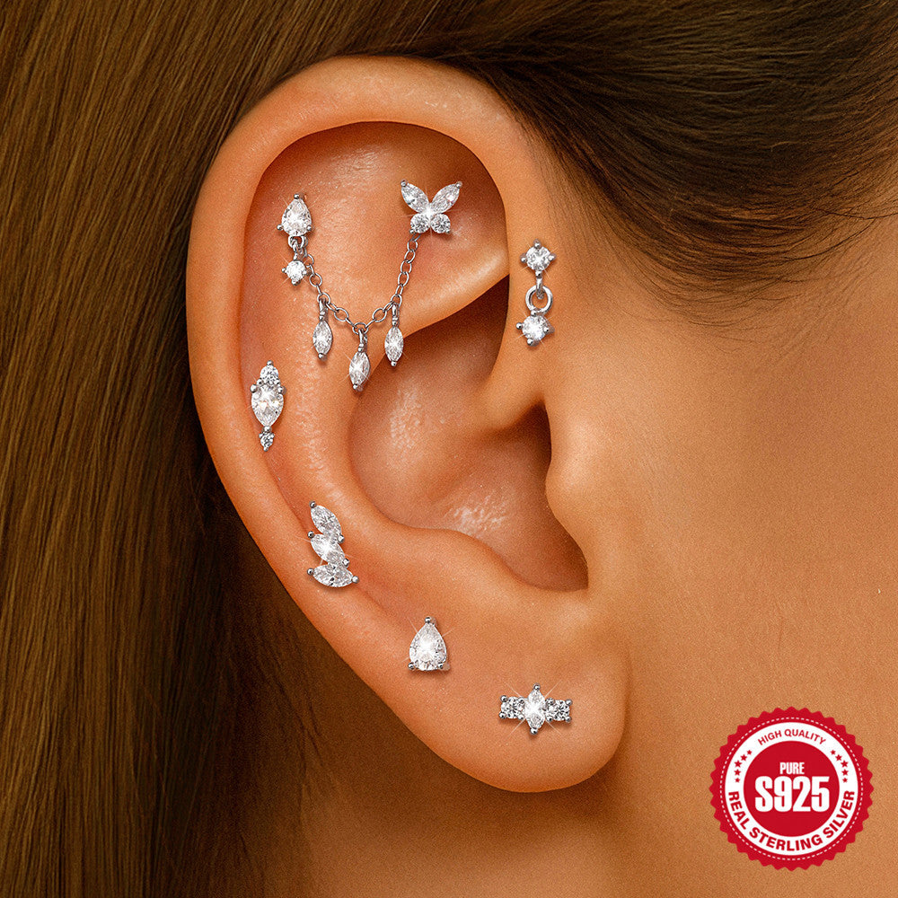 S925 Sterling Silver Spiral Cartilage Stud with Butterfly and Moissanite
