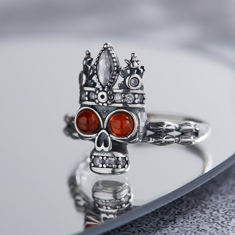 S925 Sterling Silver Distressed Crown Skull Halloween Ring