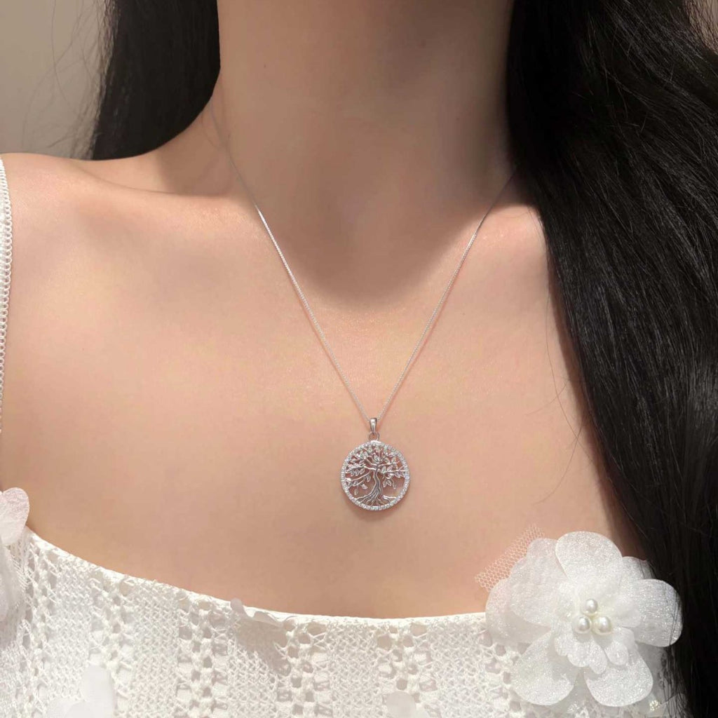 S925 Sterling Silver Openwork Tree of Life Moissanite Pendant Necklace