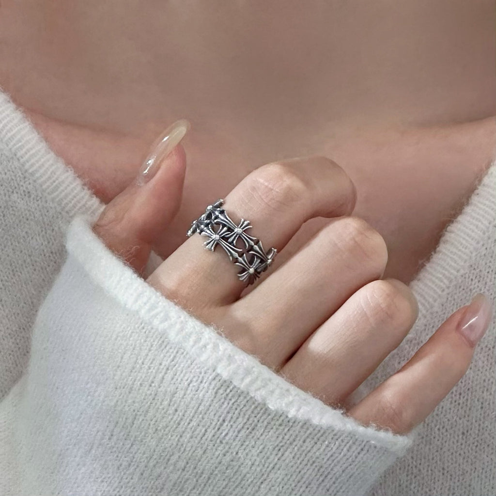 S925 Sterling Silver Halloween Cross Adjustable Ring