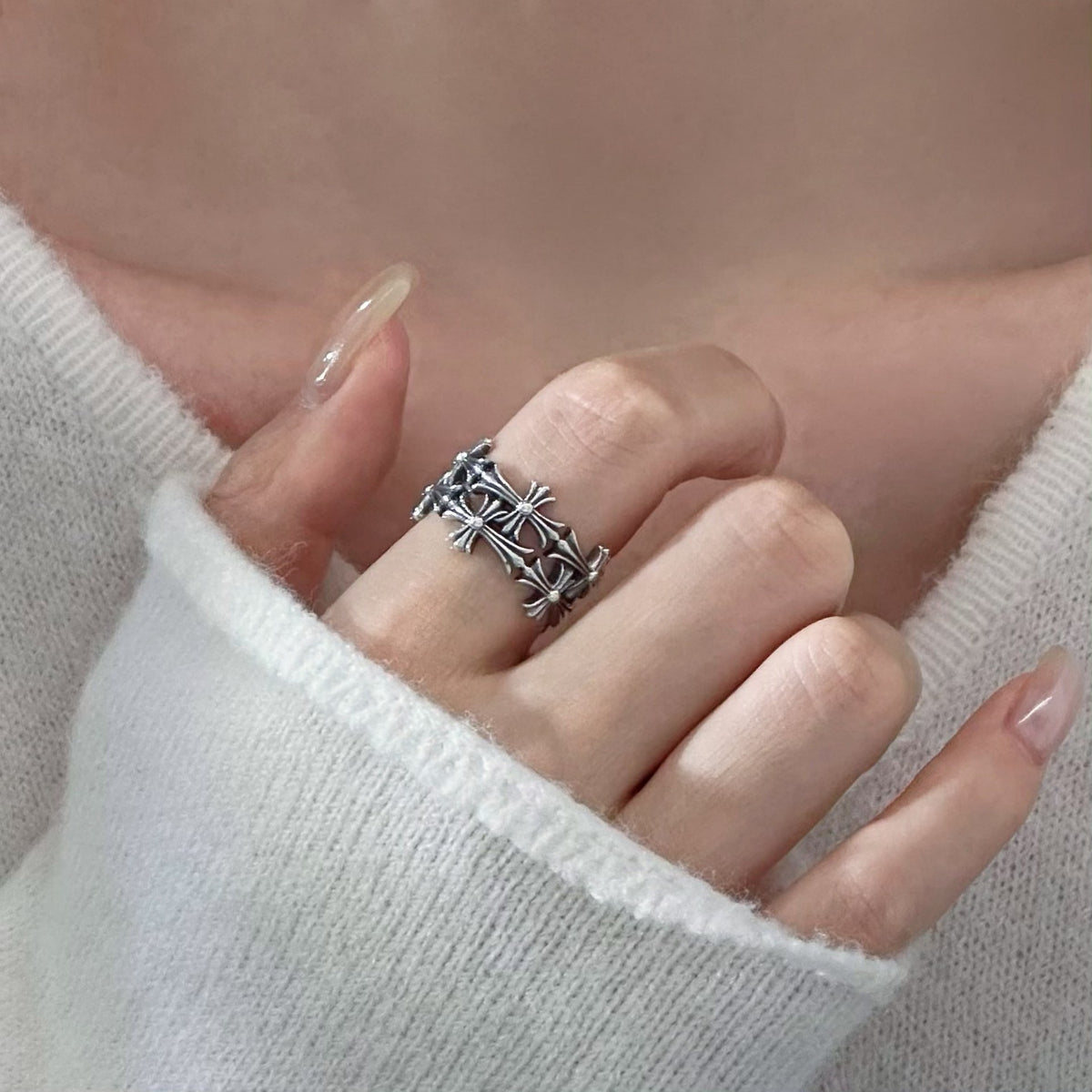 S925 Sterling Silver Halloween Cross Adjustable Ring