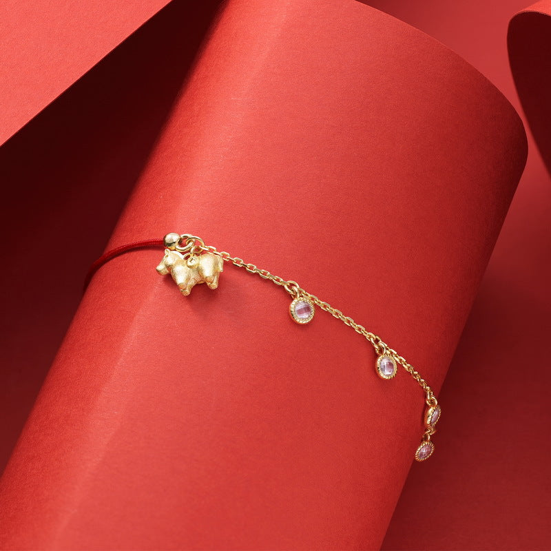 S925 Sterling Silver Gold Plated Horse Year Red String Zircon Inlaid Bracelet