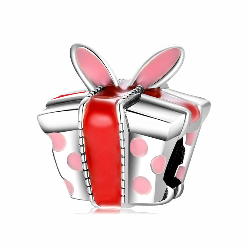 S925 Sterling Silver Christmas Rabbit Ear Gift Box Beaded Pendant