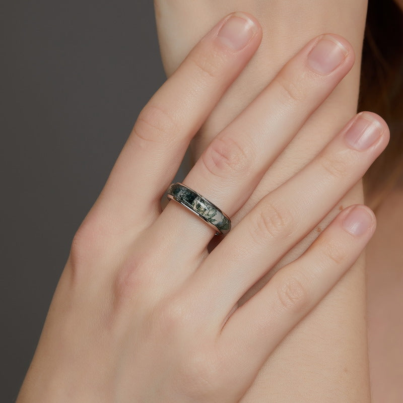 S925 Sterling Silver Ring Set with Green Moss Stone