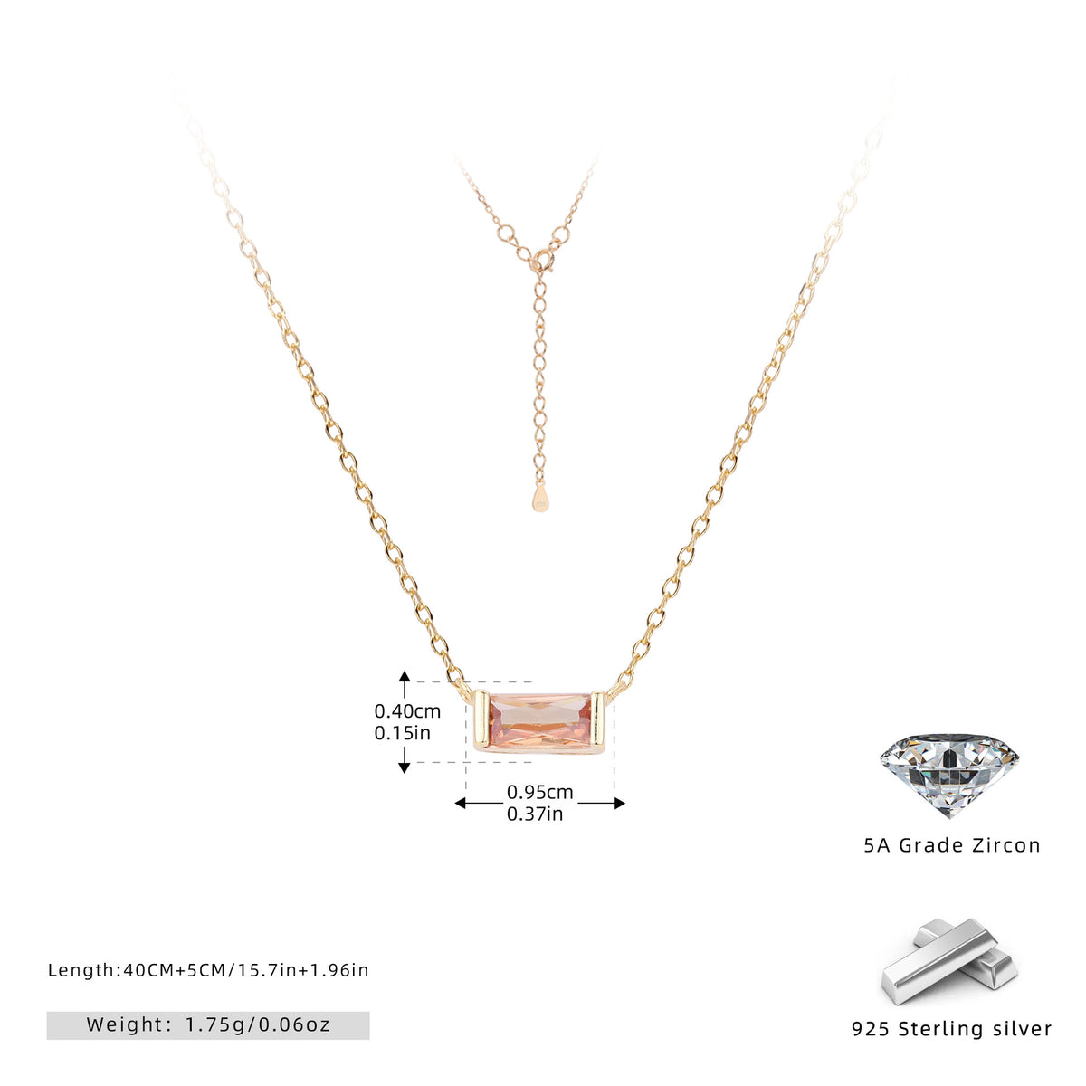 Rectangular colored zircon s925 sterling silver December birthstone collar necklace