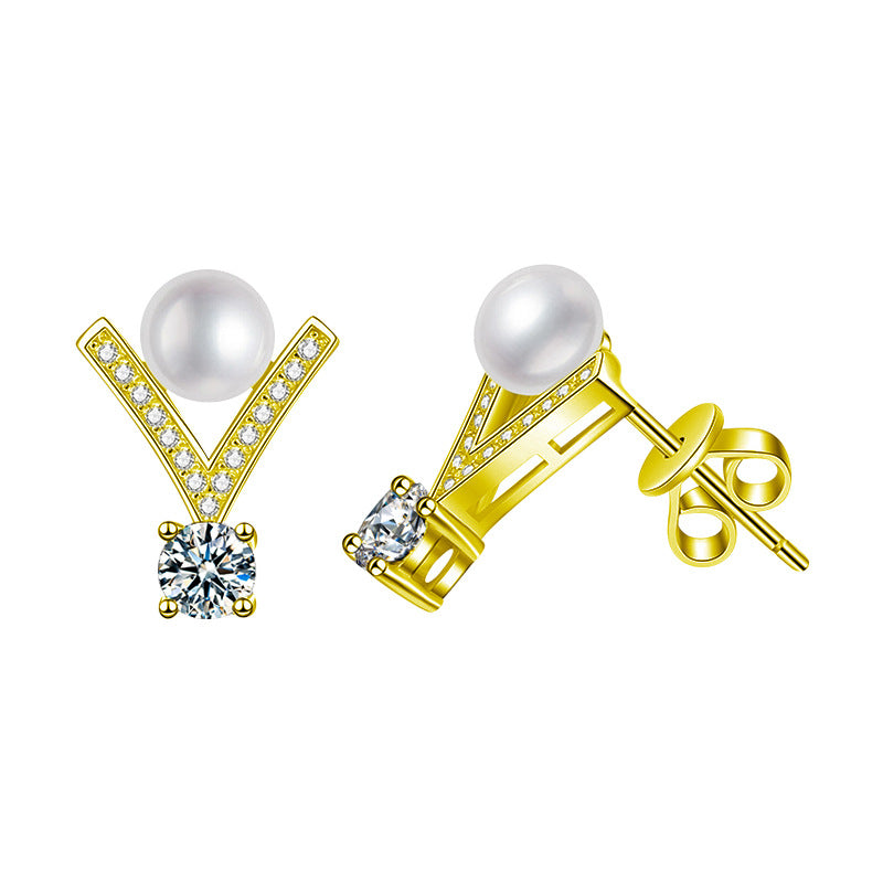 S925 sterling silver V-shaped pearl stud earrings set with D-color moissanite