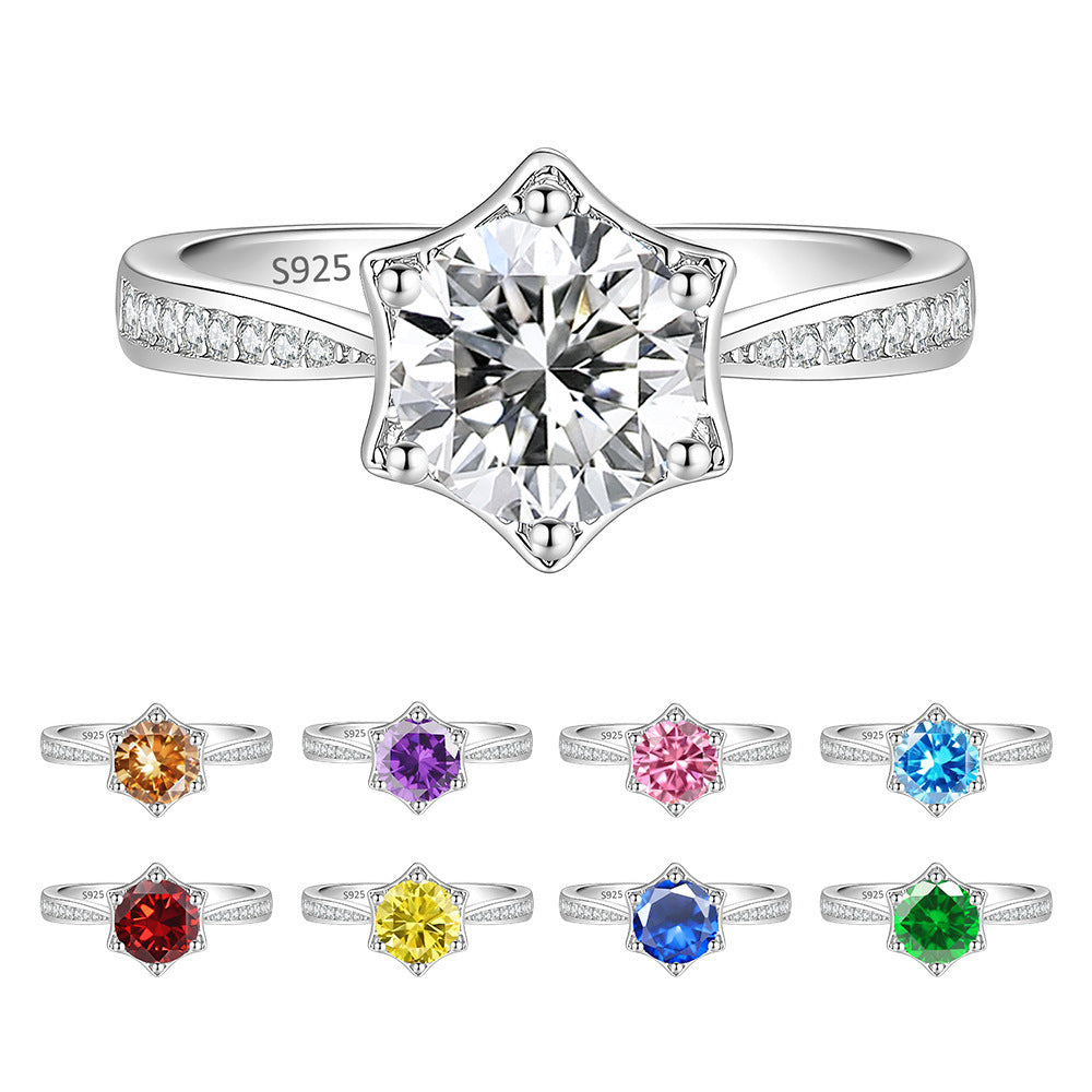 S925 Silver Hexagram Ring with Colorful Moissanite