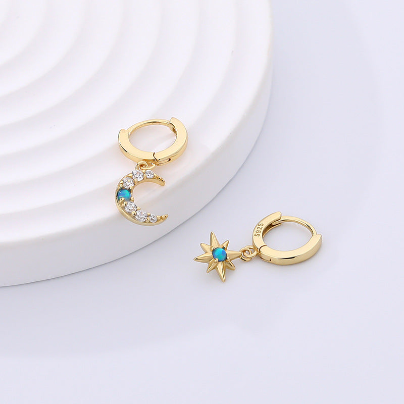 S925 Sterling Silver Star & Moon Opal and Zircon Earrings