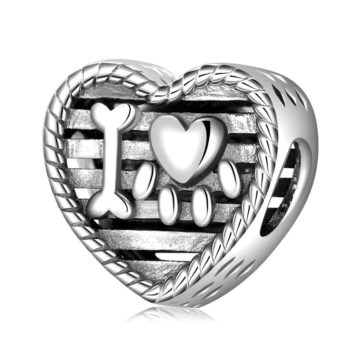 S925 Sterling Silver Heart-Shaped Beaded I Love Dog Pet Paw Print Pendant