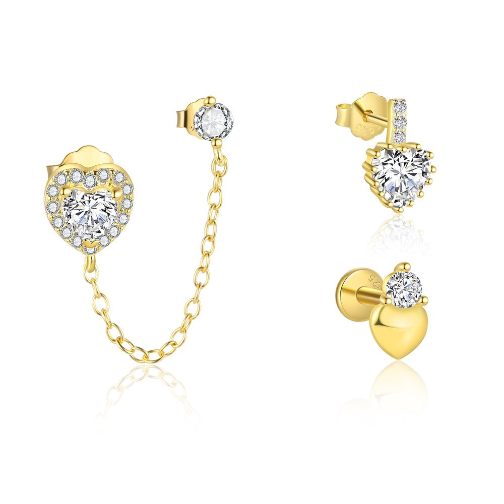 S925 Sterling Silver Heart-Shaped Stud Earrings with Zirconia