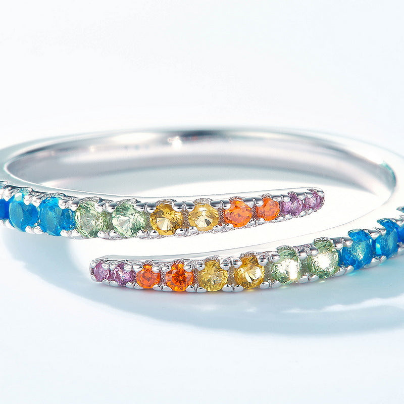 S925 Sterling Silver Gold-Plated Geometric Rainbow Zircon Ring