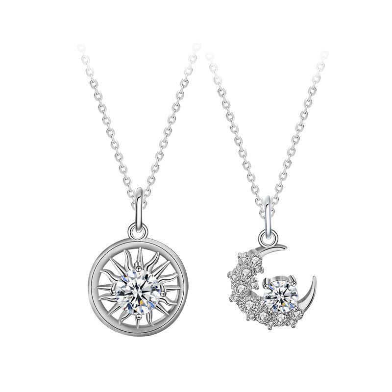 S925 Sterling Silver Moissanite Sun and Moon Lovers Pendant Necklace