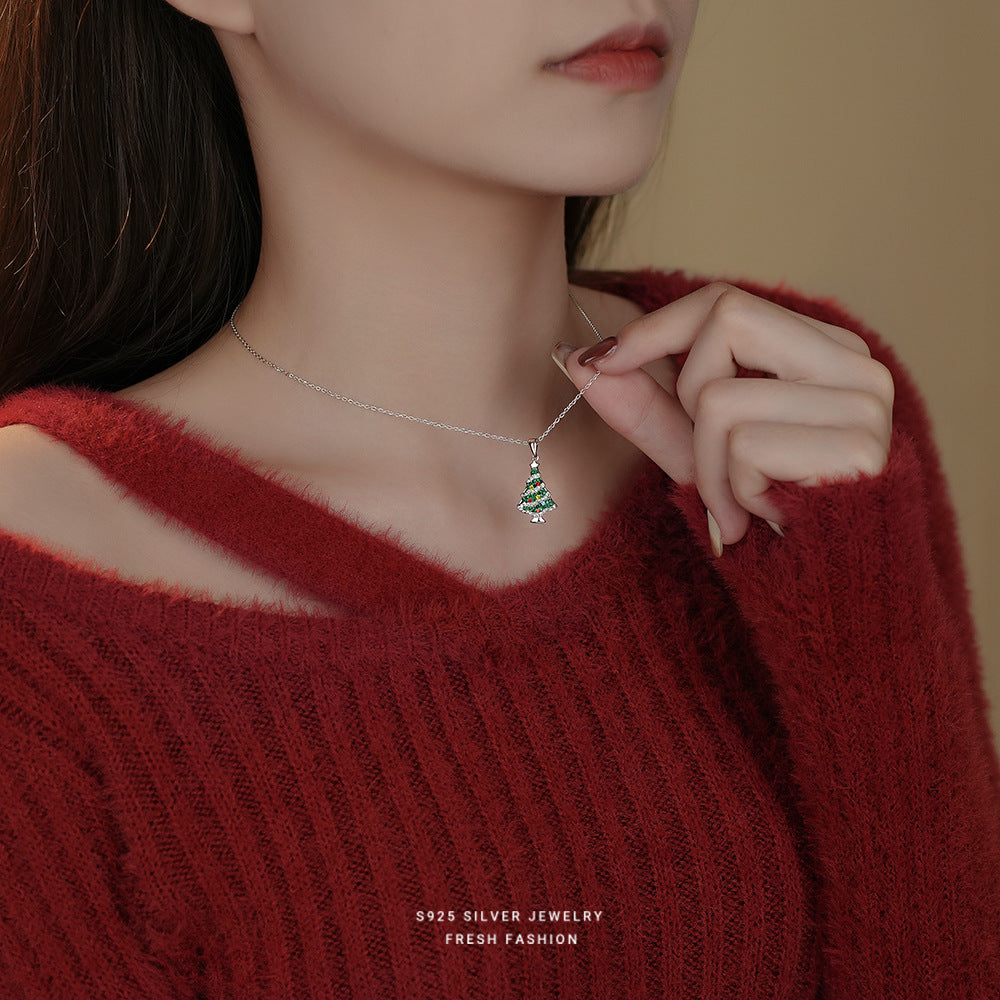 S925 Sterling Silver Christmas Tree Necklace with Colorful Zirconia