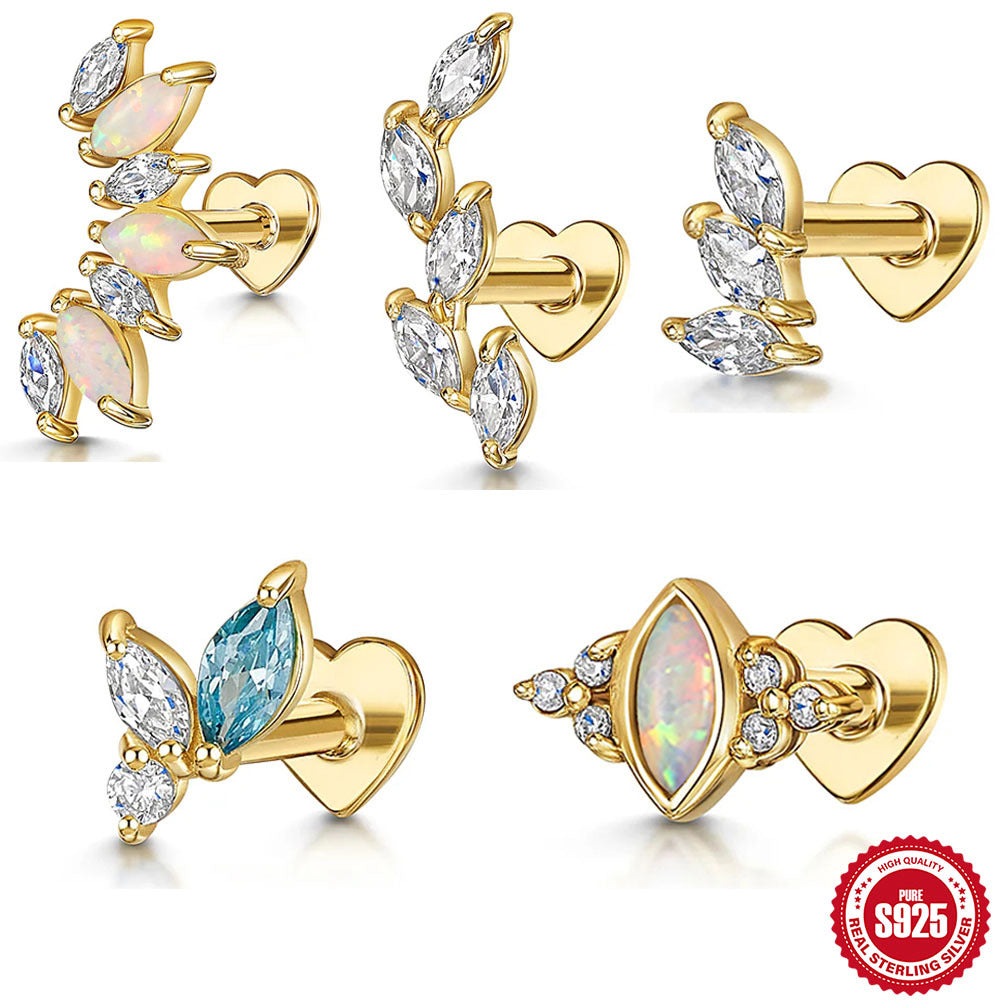S925 Sterling Silver Heart-Shaped Stud Earrings with Marquise-Cut Zirconia and Flat-Back Threaded Posts
