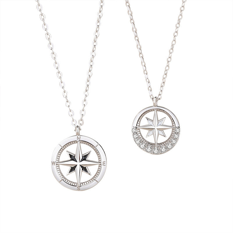 S925 Sterling Silver Halloween Geometric Cross Necklace with Octagram Compass Design