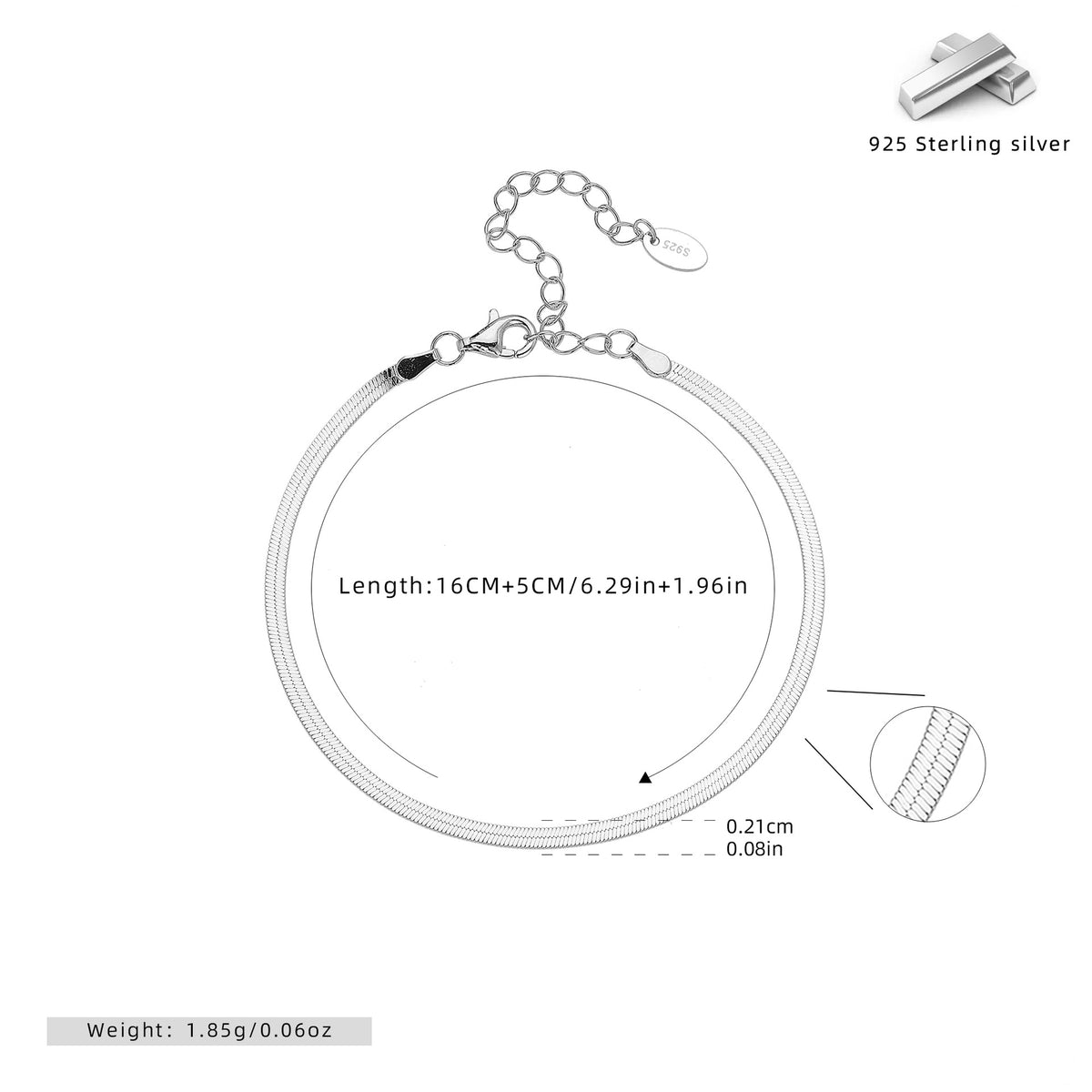 S925 Sterling Silver Flat Snake Chain Bracelet
