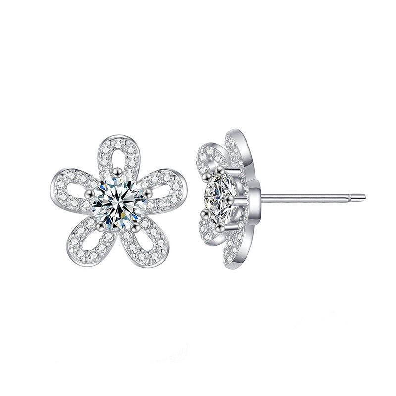 S925 Sterling Silver Sunflower Earrings with Openwork Pearls and Moissanite