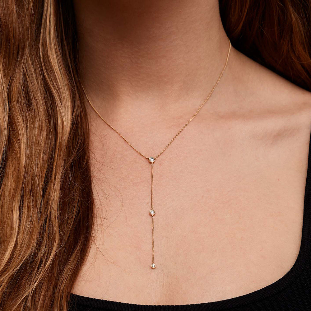 S925 Sterling Silver Y-Shaped Zircon Inlaid Tassel Chain Necklace