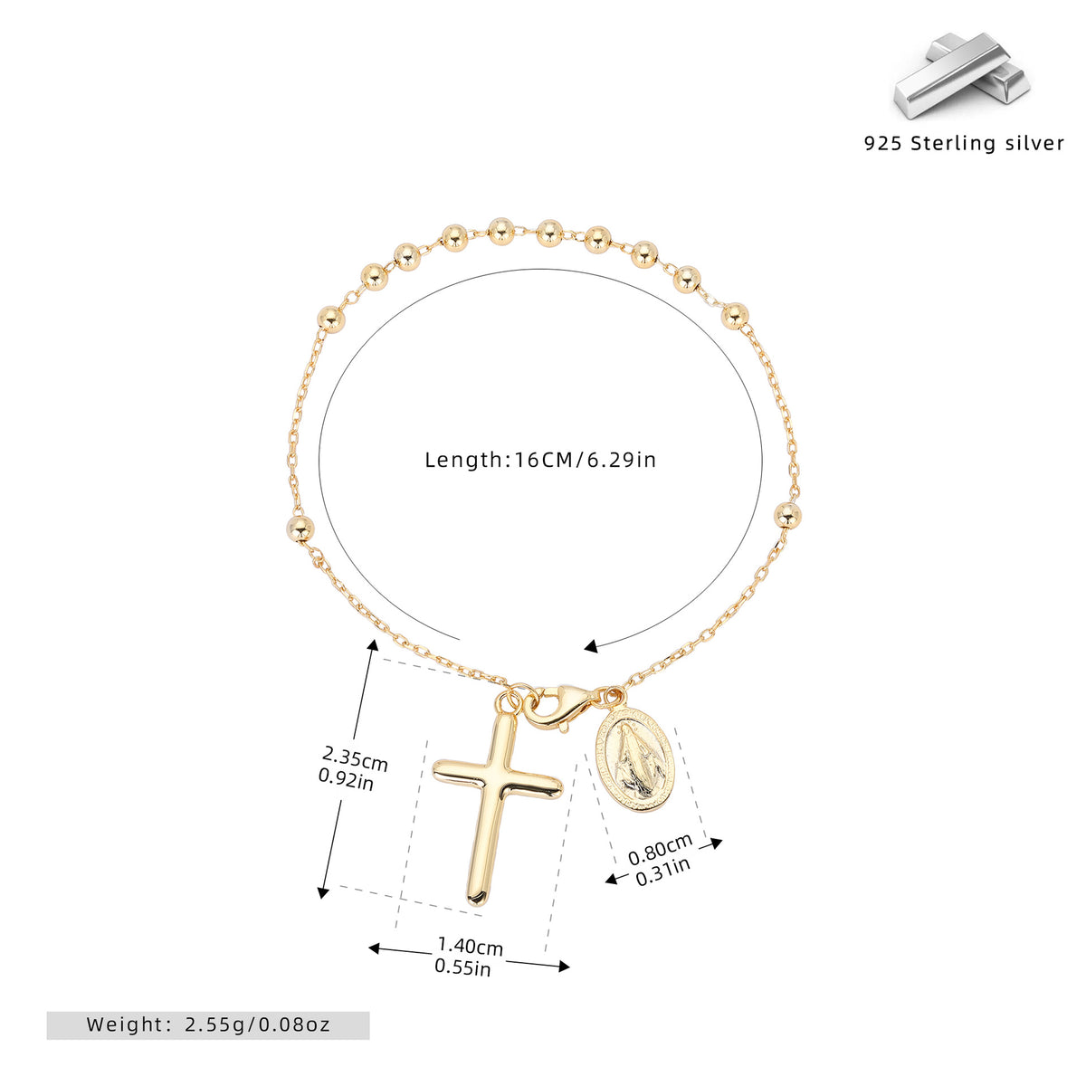 S925 Sterling Silver Rosary Cross Bracelet