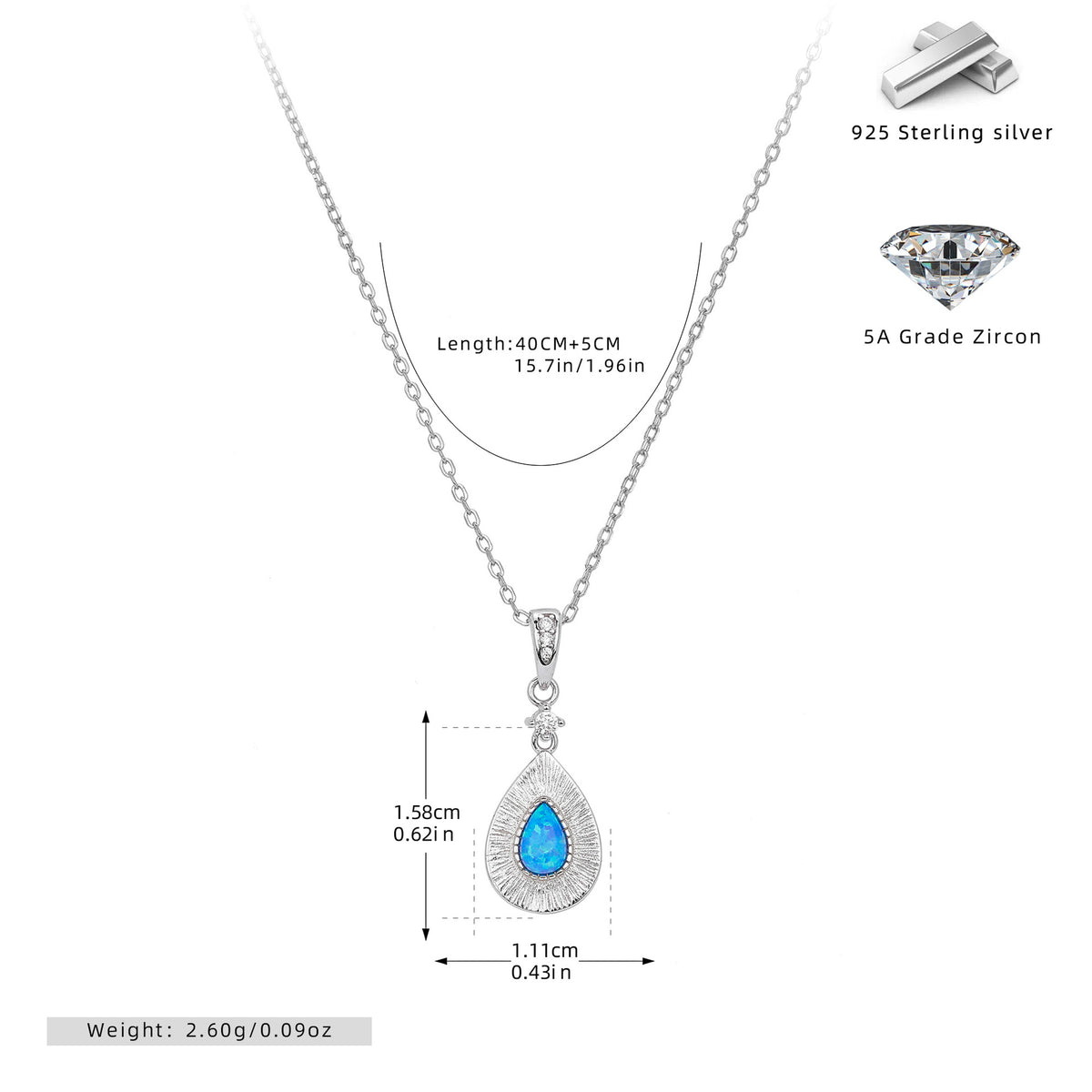 S925 Sterling Silver Teardrop-Shaped Opal Necklace with Zircon