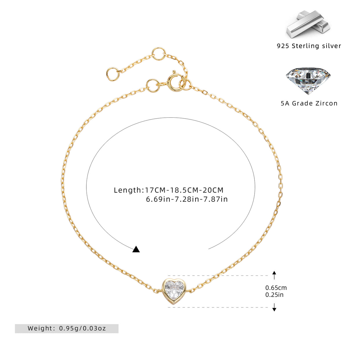 S925 Sterling Silver Zircon Heart Bracelet