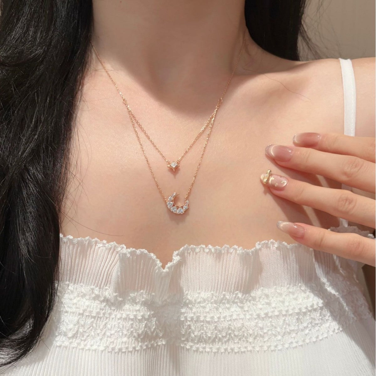 S925 Sterling Silver Double-Layer Moon and Star Moissanite Pendant Necklace