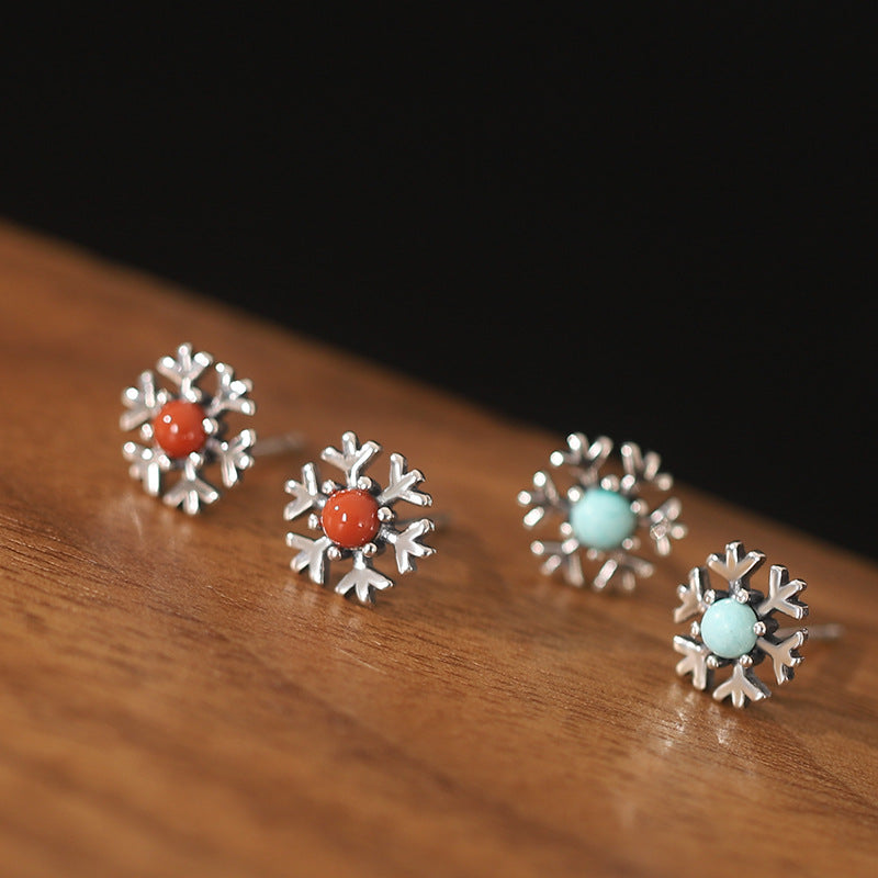 S925 Sterling Silver Christmas Snowflake Stud Earrings