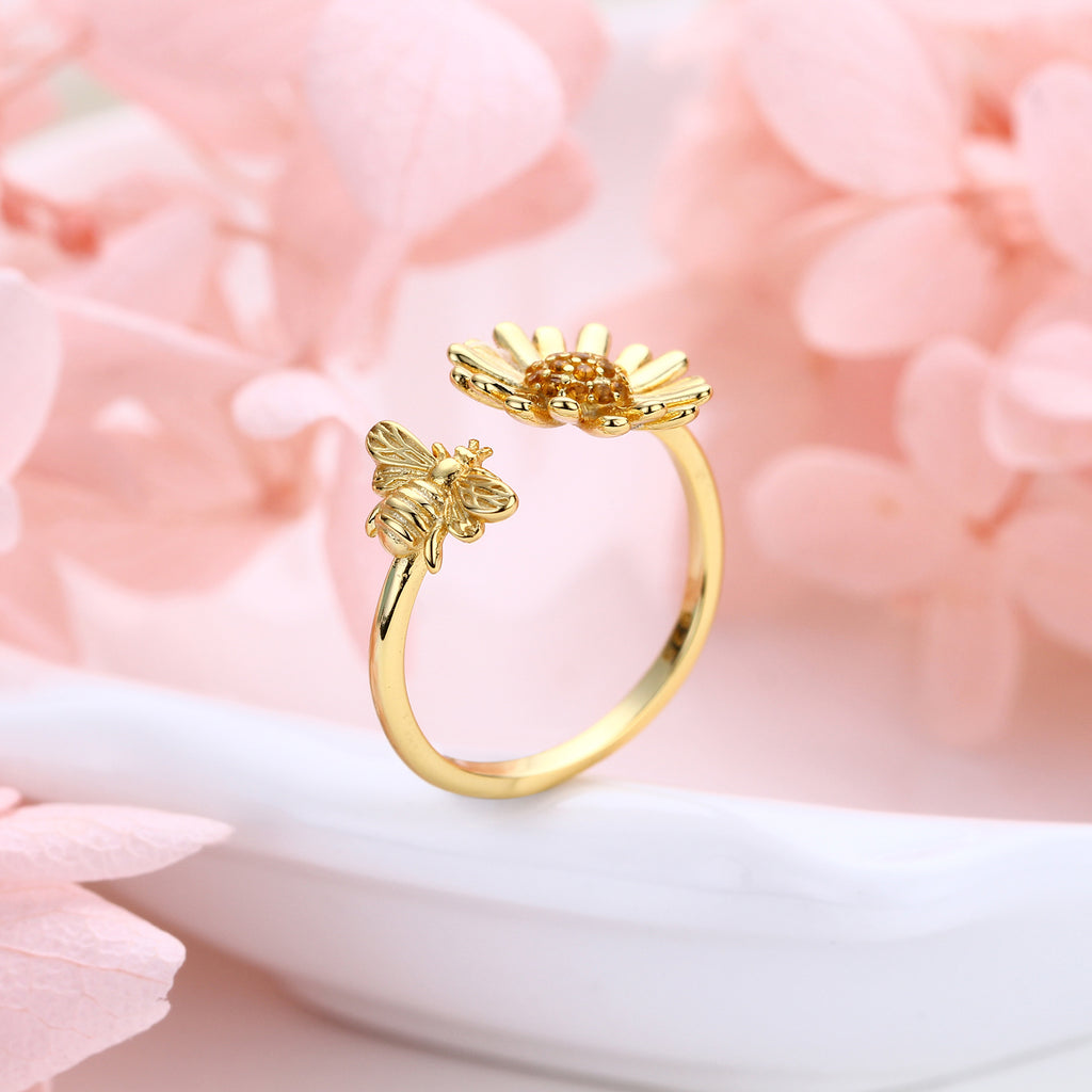 S925 Sterling Silver Creative Personalized Sunflower Bee Zirconia Ring