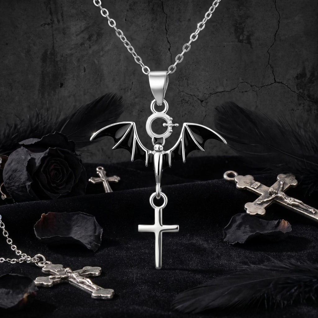 S925 Sterling Silver Halloween Bat Cross Necklace