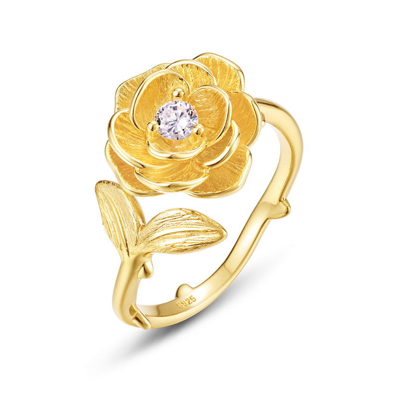S925 Sterling Silver Gold-Plated Camellia Zircon Ring