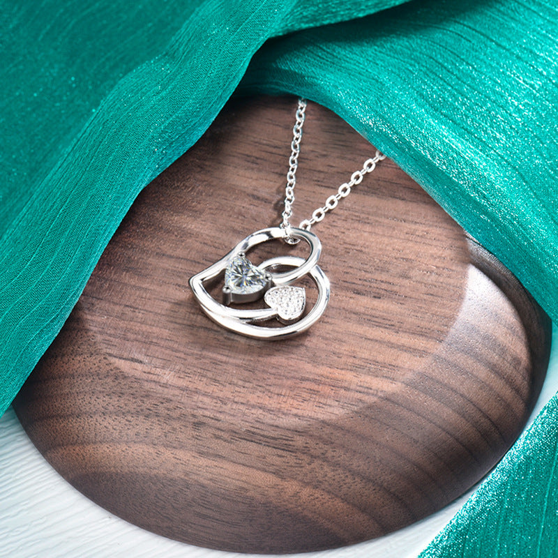 S925 Sterling Silver Double Love Moissanite Pendant Necklace