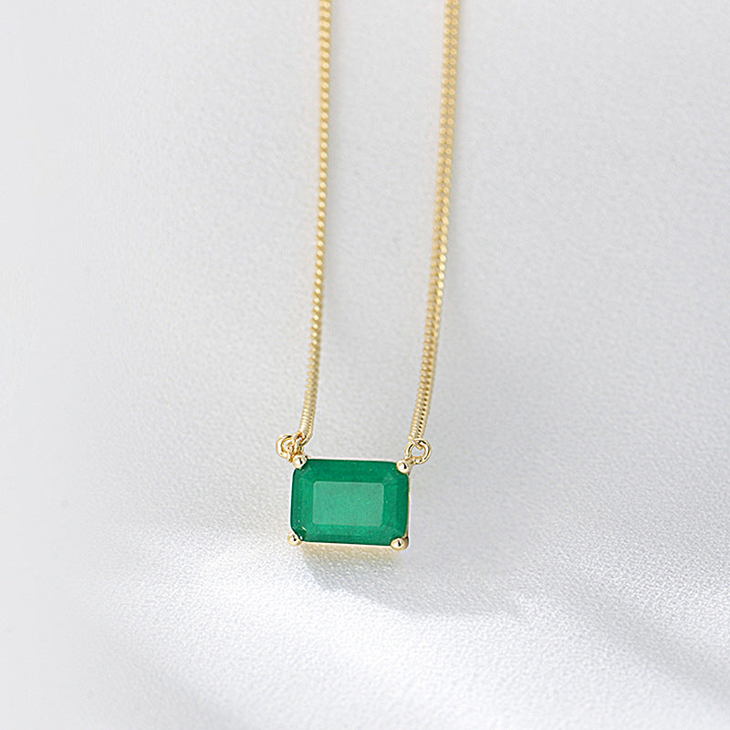 S925 Sterling Silver Square Emerald Colored Zircon Necklace