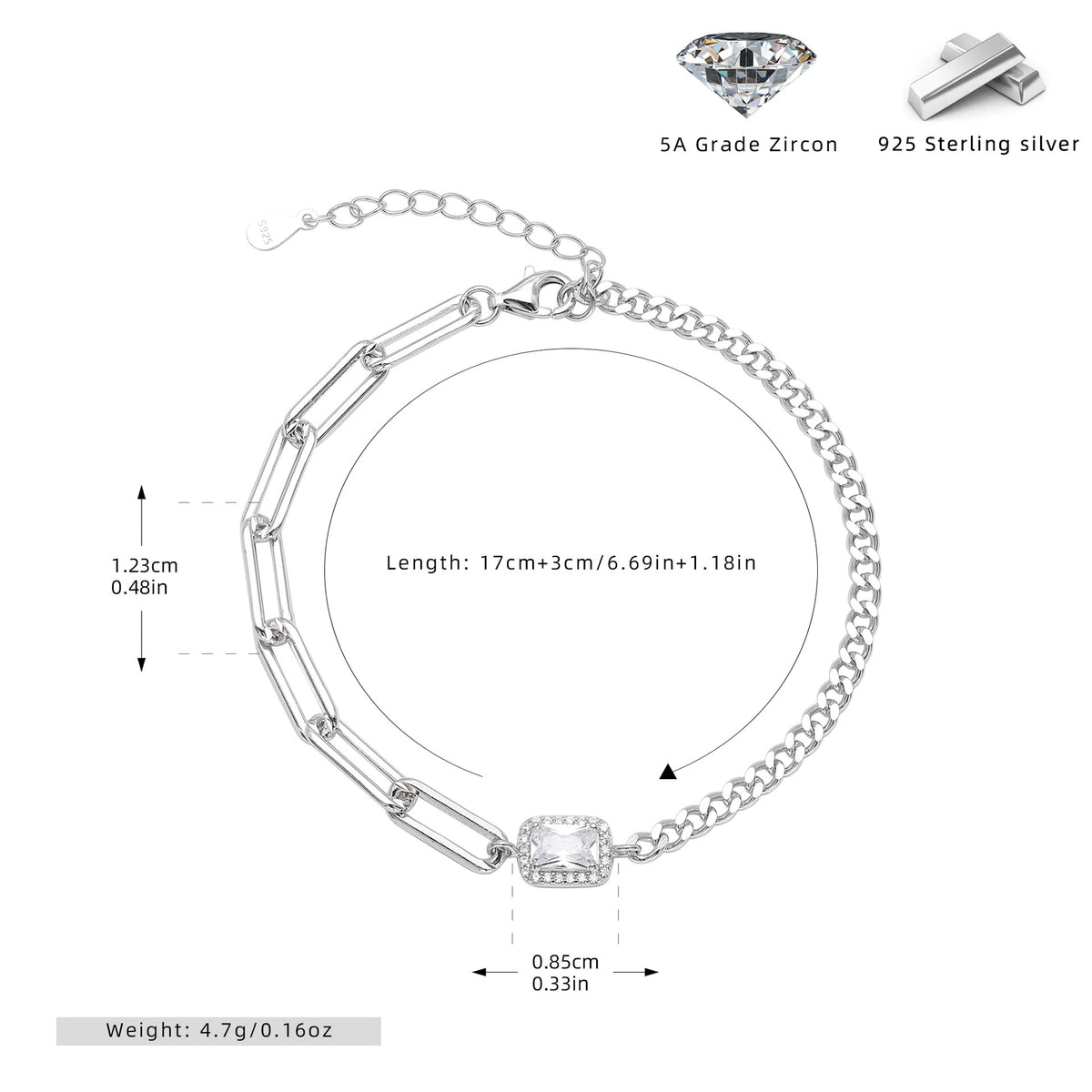 S925 Sterling Silver Square Cubic Zirconia Bracelet
