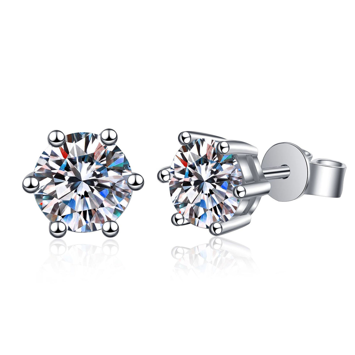 Classic Six-Prong Moissanite Stud Earrings — 925 Sterling Silver