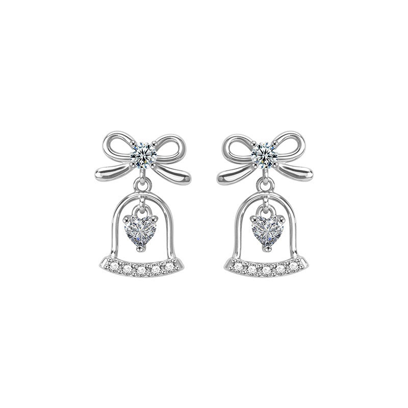S925 Sterling Silver Moissanite Bow Bell Earrings Christmas Jewelry