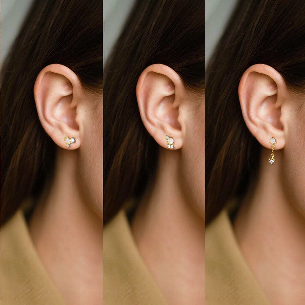 S925 Sterling Silver Opal and Zircon Stud Earrings
