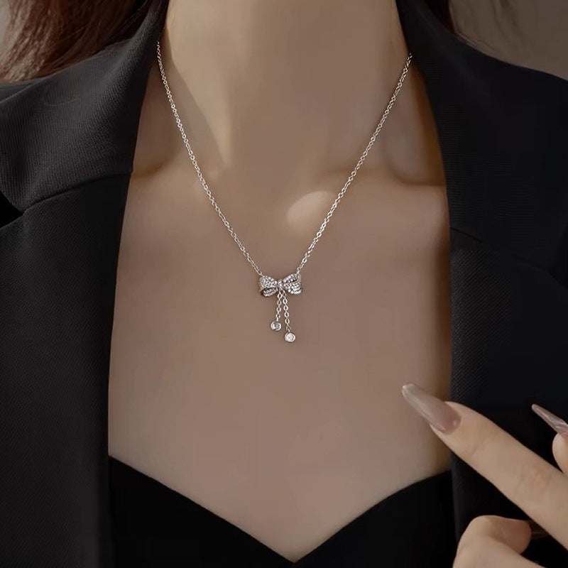S925 Sterling Silver Moissanite Tassel Bow Pendant Necklace