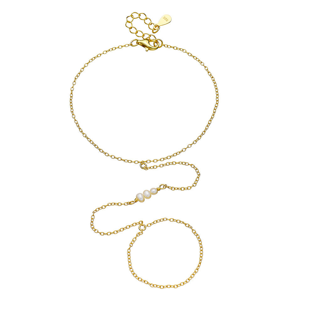 S925 Sterling Silver Natural Pearl Finger Chain Bracelet