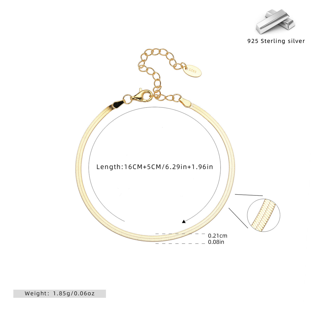 S925 Sterling Silver Flat Snake Chain Bracelet
