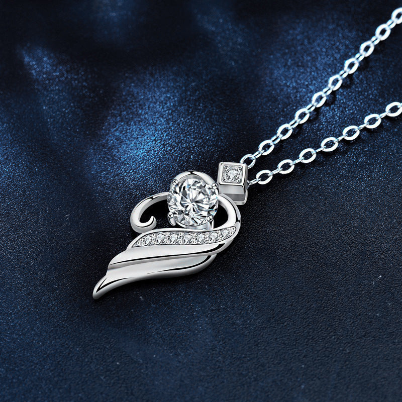 S925 Sterling Silver Moissanite Angel Wings Pendant Necklace