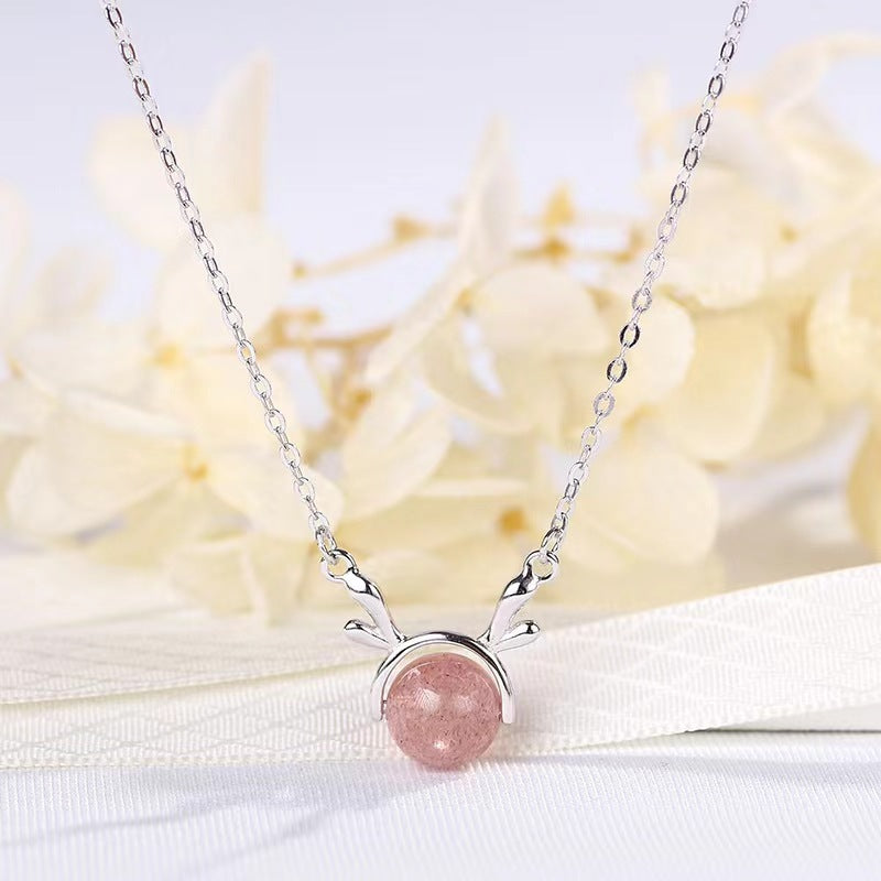 S925 Sterling Silver Christmas Reindeer Strawberry Quartz Necklace
