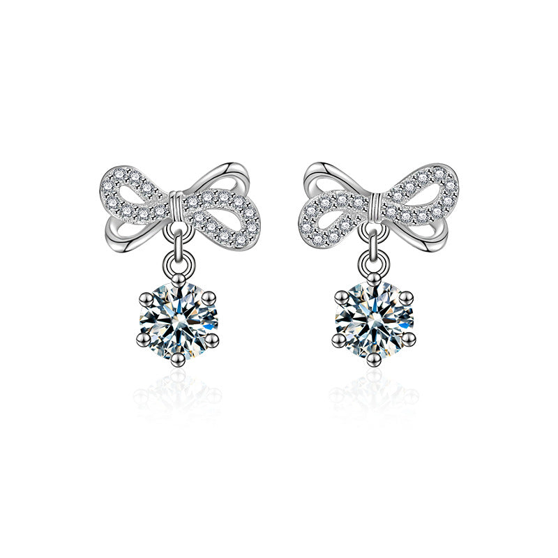 Stylish and elegant moissanite earrings with a bow design in 925 sterling silver