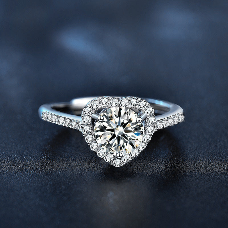 925 Sterling Silver Heart-Shaped Moissanite Open Ring