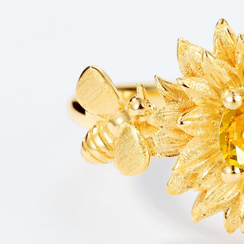 S925 Sterling Silver Plated with Golden Crystal Flower Ring