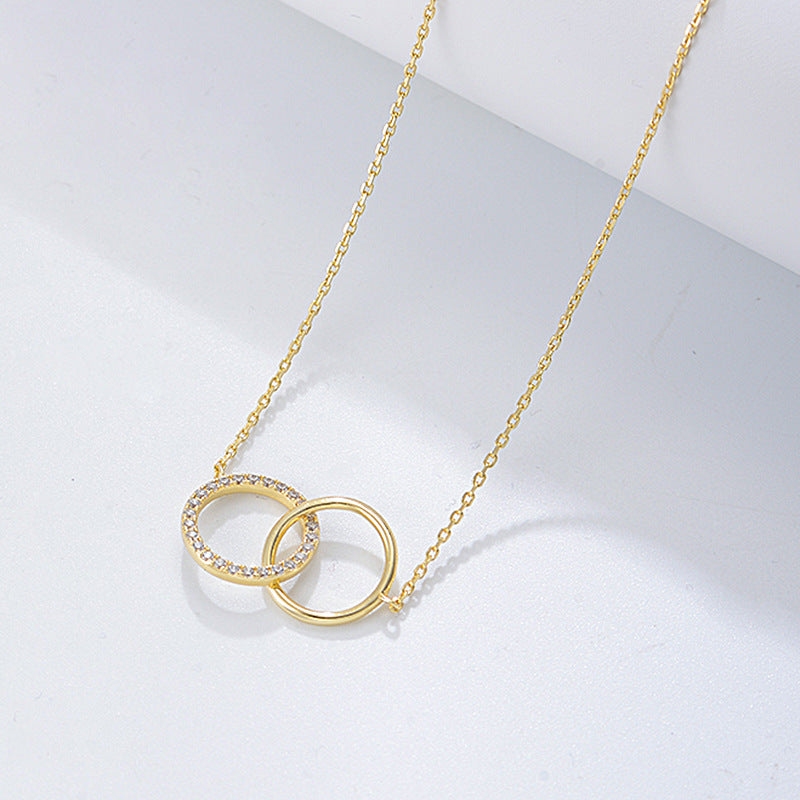 S925 Sterling Silver Simple Zircon Inlaid Double Circle Double Ring Necklace