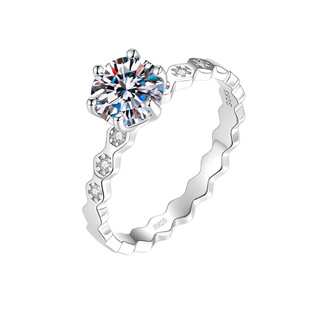 S925 Sterling Silver Moissanite Honeycomb Six-Prong Ring