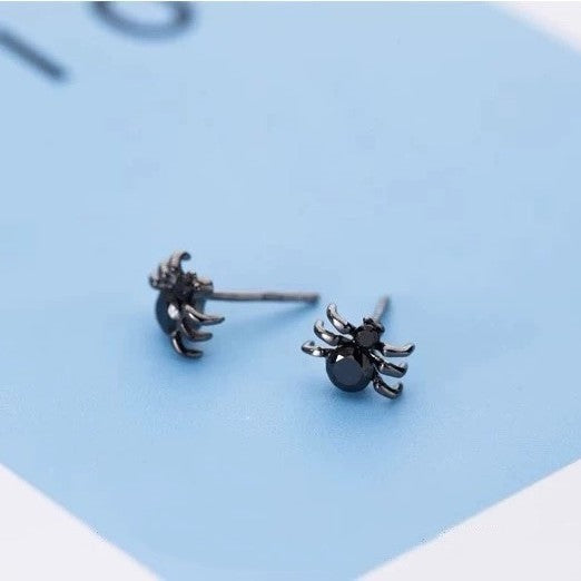 S925 Sterling Silver Halloween Black Spider Stud Earrings