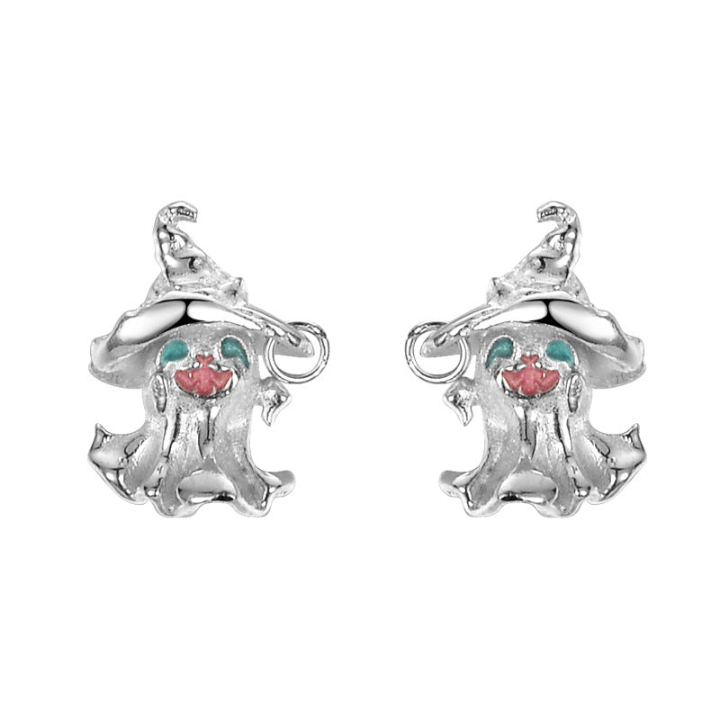 S925 Sterling Silver Whimsical Ghost with Witch Hat Earrings