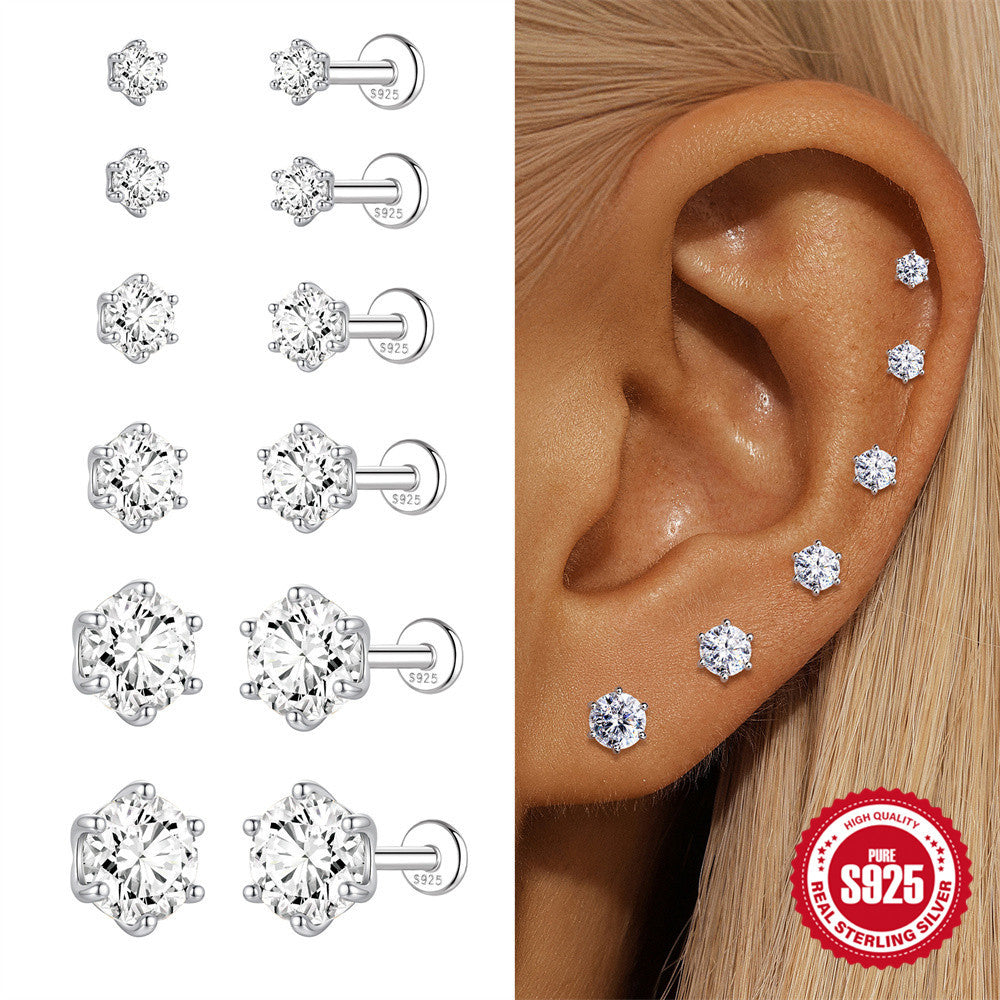 S925 Sterling Silver Six-Prong Moissanite Cartilage Stud Earring