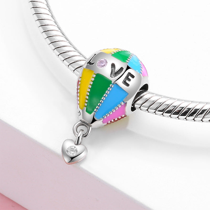 S925 Sterling Silver Hot Air Balloon Painted Love Loving Heart Zircon Pendant